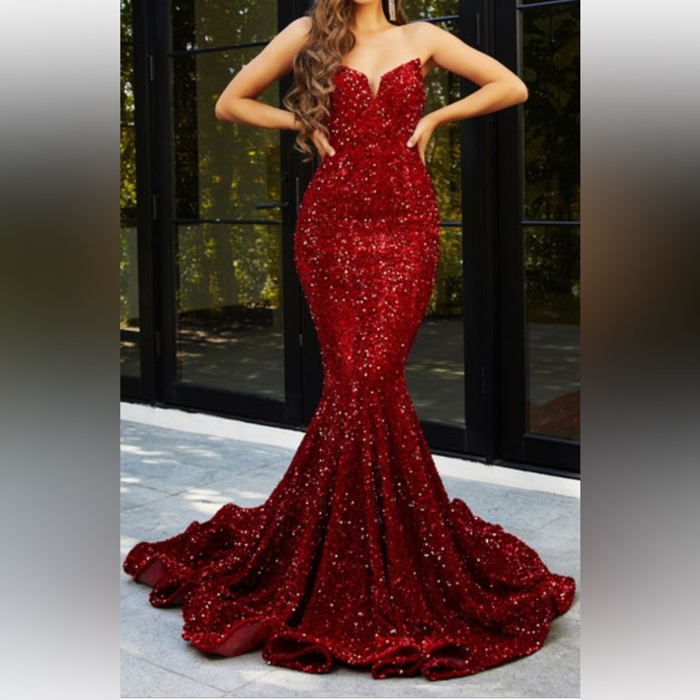 PS21208 Red Velvet Sequin Evening Gown